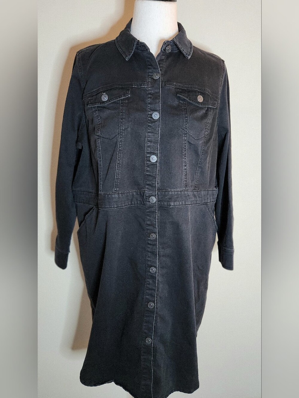 LOGO Lori Goldstein Black Button Front Denim Duster Shirt Dress Size 2XL